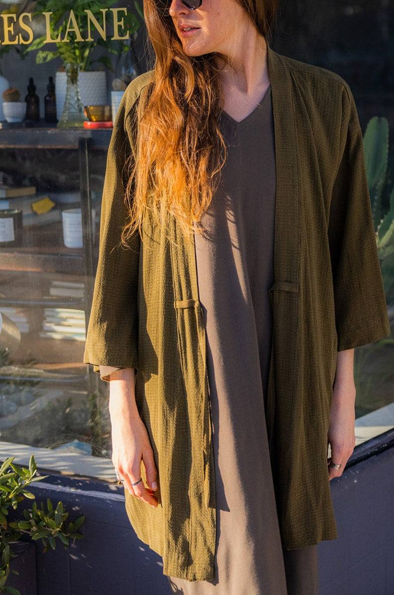 Waffled Tencel Lounge Coat - Olive